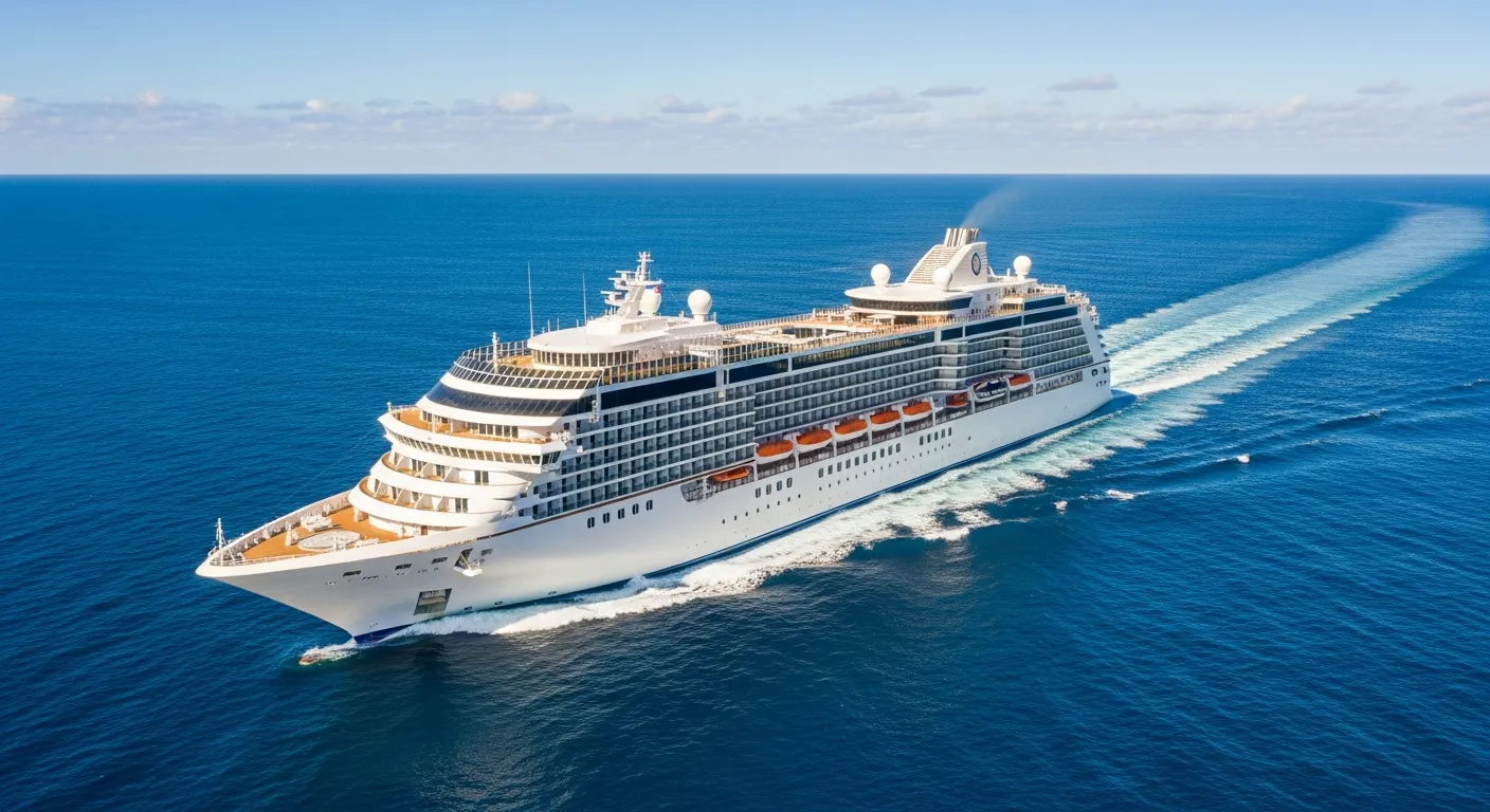 Luxury cruise ship sailing into a tropical harbor